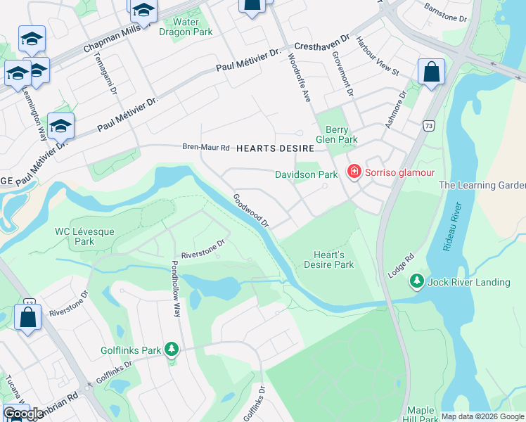 map of restaurants, bars, coffee shops, grocery stores, and more near 17 Goodwood Drive in Ottawa