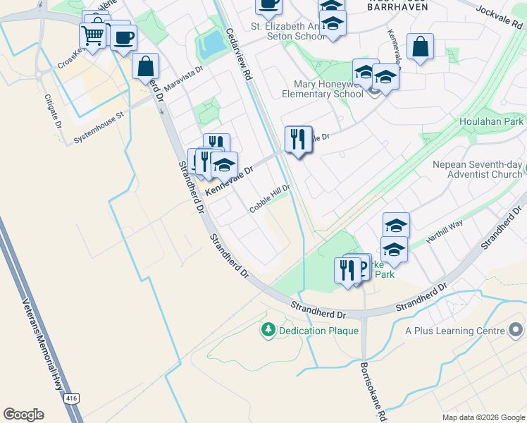 map of restaurants, bars, coffee shops, grocery stores, and more near 12 Kinetic Way in Ottawa