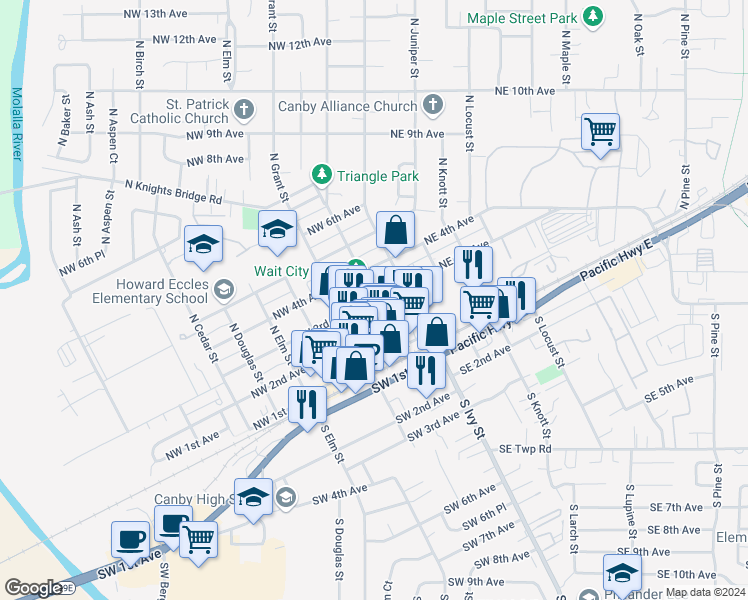 map of restaurants, bars, coffee shops, grocery stores, and more near in Canby