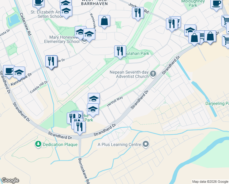 map of restaurants, bars, coffee shops, grocery stores, and more near 70 Halley Street in Ottawa