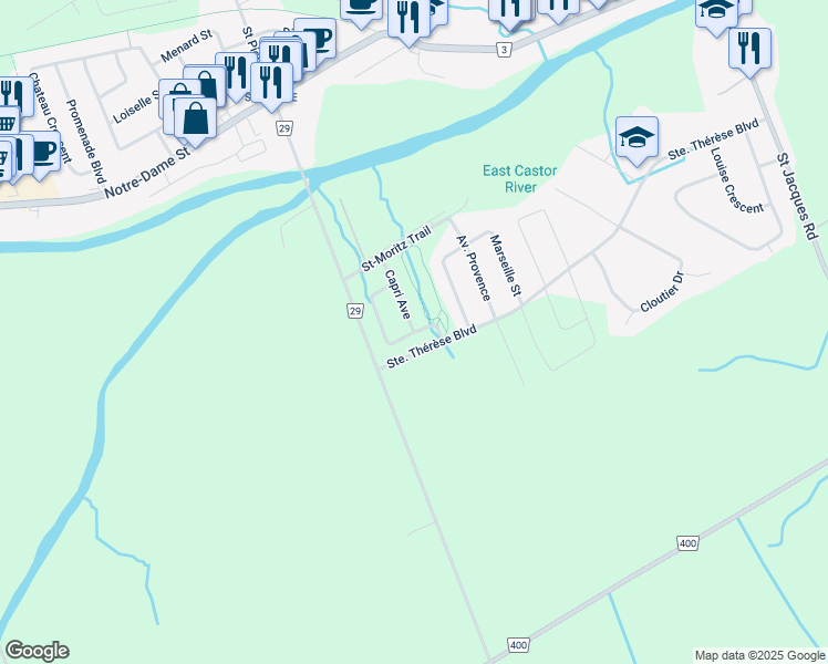 map of restaurants, bars, coffee shops, grocery stores, and more near Saint Malo Place in Embrun