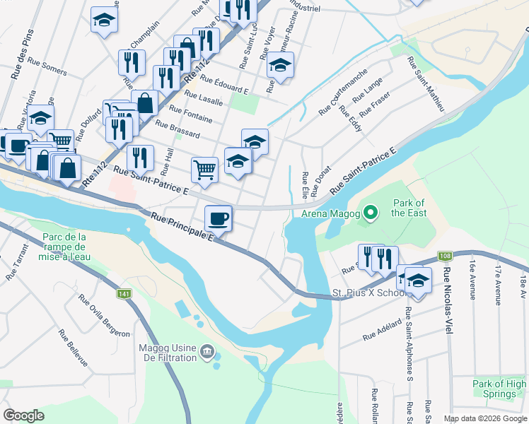 map of restaurants, bars, coffee shops, grocery stores, and more near 98 Rue Saint-Pierre in Magog