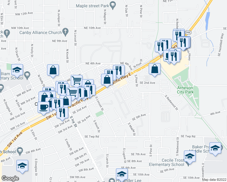 map of restaurants, bars, coffee shops, grocery stores, and more near 620 Southeast 2nd Avenue in Canby