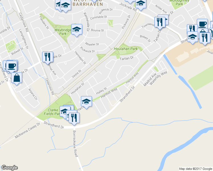 map of restaurants, bars, coffee shops, grocery stores, and more near 70 Halley Street in Ottawa