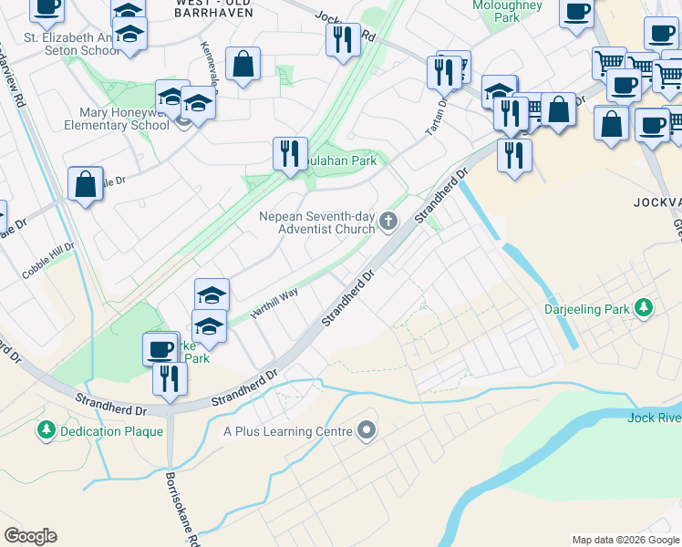 map of restaurants, bars, coffee shops, grocery stores, and more near 105 Fraser Fields Way in Ottawa