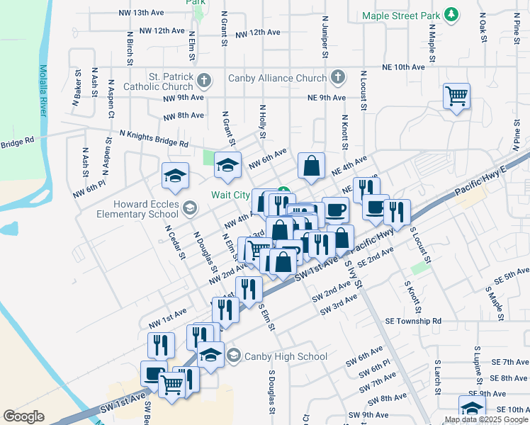 map of restaurants, bars, coffee shops, grocery stores, and more near 385 North Grant Street in Canby