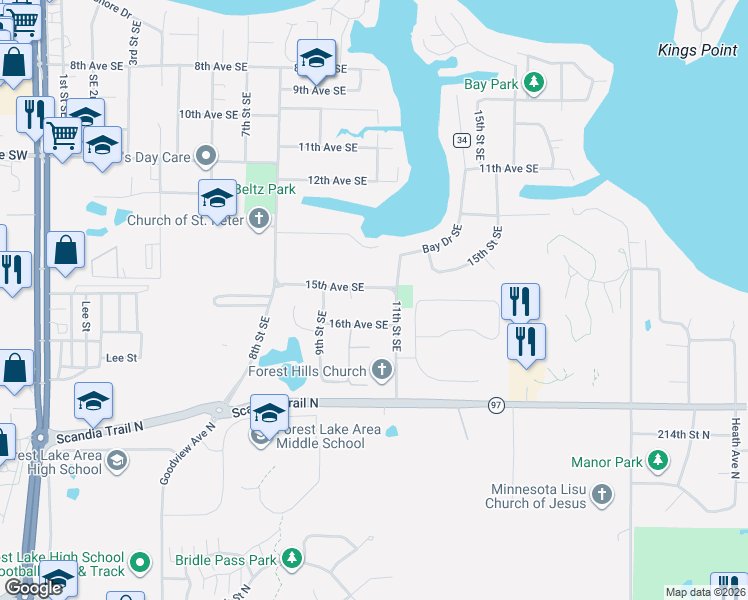 map of restaurants, bars, coffee shops, grocery stores, and more near 1008 15th Avenue Southeast in Forest Lake