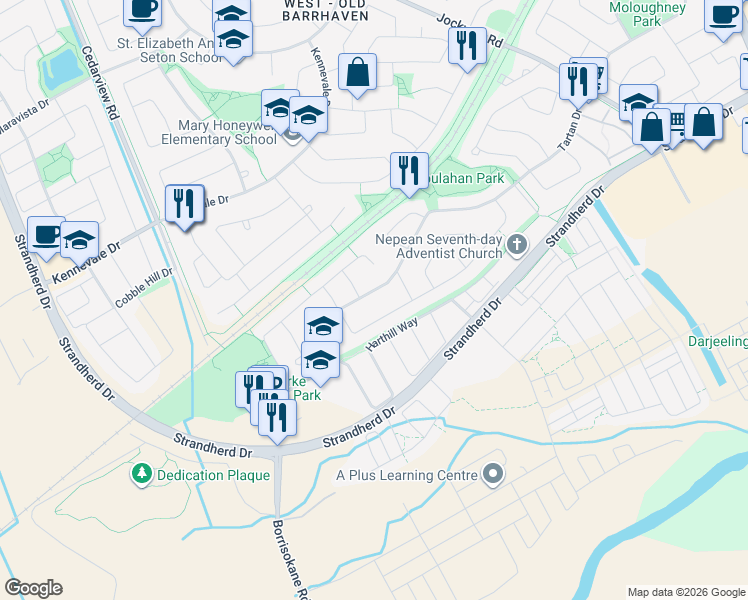 map of restaurants, bars, coffee shops, grocery stores, and more near 153 Tartan Drive in Ottawa