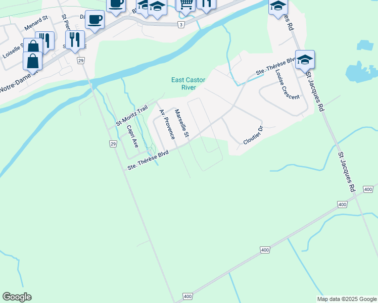 map of restaurants, bars, coffee shops, grocery stores, and more near Ste Therese Boulevard in Embrun