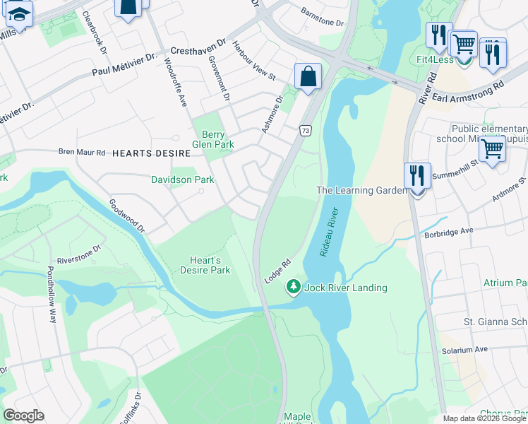map of restaurants, bars, coffee shops, grocery stores, and more near Prince of Wales Drive in Ottawa