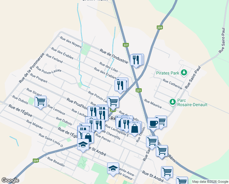 map of restaurants, bars, coffee shops, grocery stores, and more near 2 Rue Yvan Ménard in Saint-Rémi