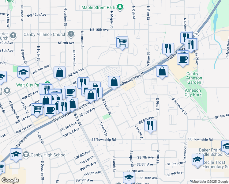 map of restaurants, bars, coffee shops, grocery stores, and more near 593 Southeast 1st Avenue in Canby