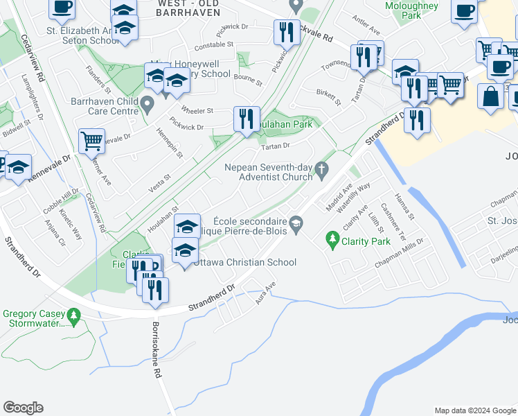 map of restaurants, bars, coffee shops, grocery stores, and more near 75 Halley Street in Ottawa