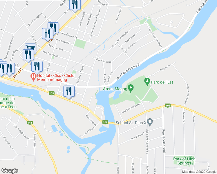 map of restaurants, bars, coffee shops, grocery stores, and more near 610 Rue Saint-Patrice Est in Magog