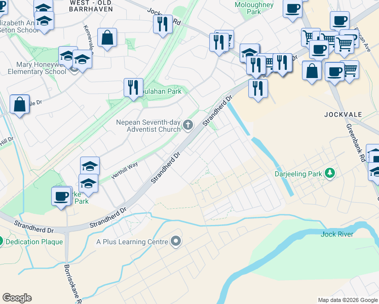 map of restaurants, bars, coffee shops, grocery stores, and more near 2011 Madrid Avenue in Ottawa