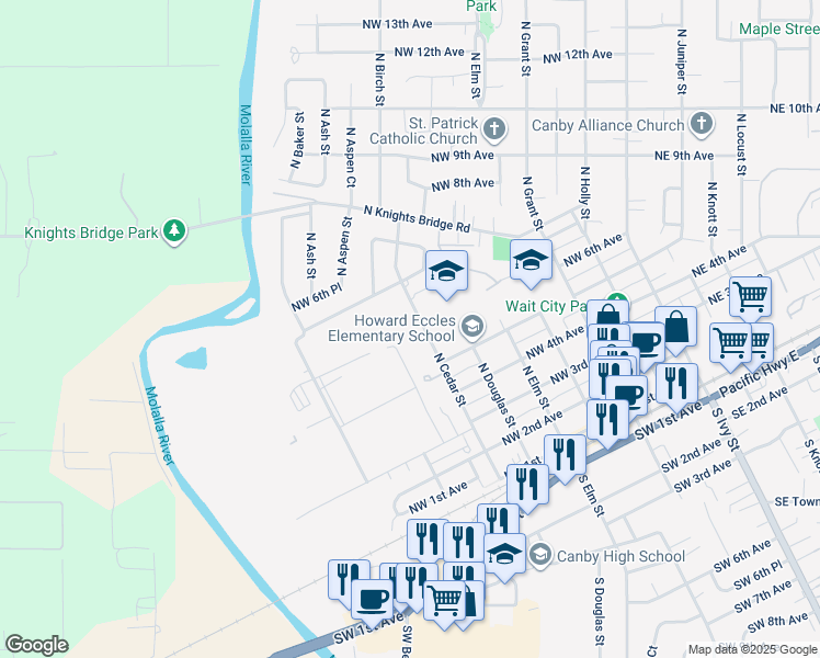 map of restaurants, bars, coffee shops, grocery stores, and more near 591 North Cedar Street in Canby