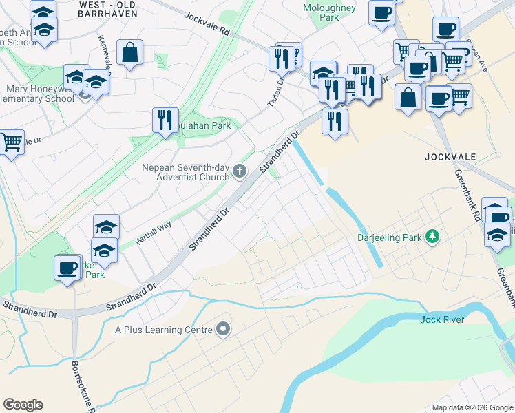 map of restaurants, bars, coffee shops, grocery stores, and more near 2505 Waterlilly Way in Ottawa