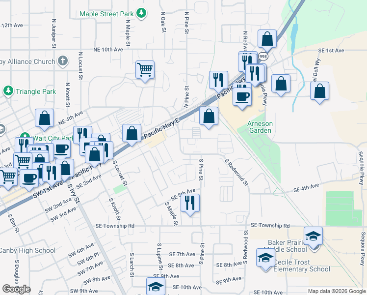 map of restaurants, bars, coffee shops, grocery stores, and more near 254 South Pine Street in Canby