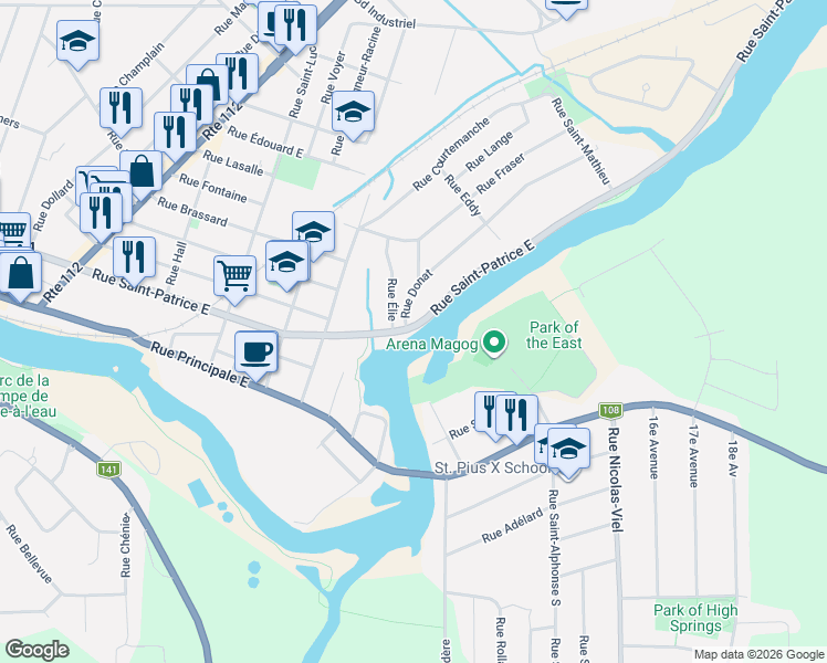 map of restaurants, bars, coffee shops, grocery stores, and more near 610 Rue Saint-Patrice Est in Magog
