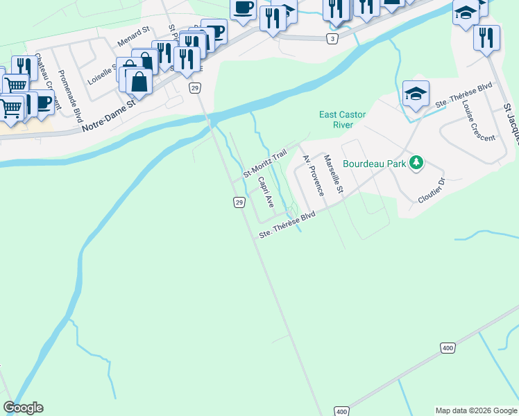 map of restaurants, bars, coffee shops, grocery stores, and more near 143 Saint Malo Place in Russell