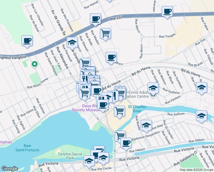map of restaurants, bars, coffee shops, grocery stores, and more near 441 Boulevard du Havre in Salaberry-de-Valleyfield