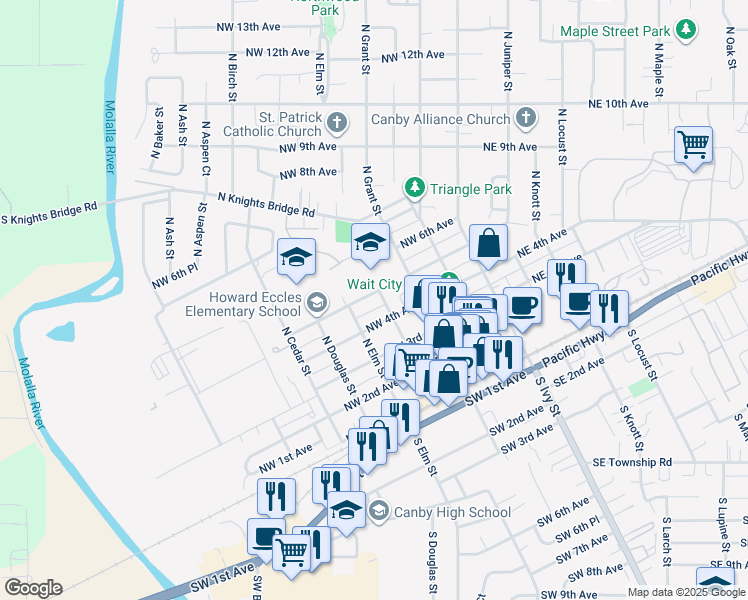 map of restaurants, bars, coffee shops, grocery stores, and more near 451 Northwest 5th Avenue in Canby