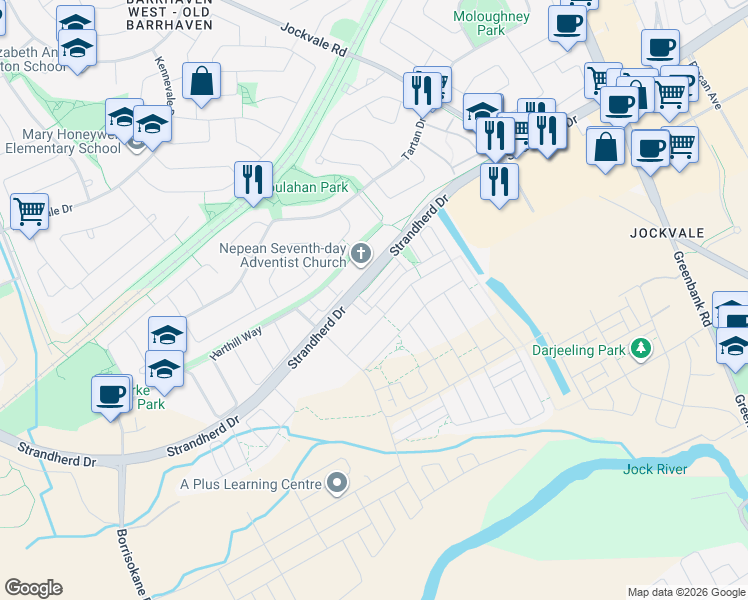 map of restaurants, bars, coffee shops, grocery stores, and more near 2031 Madrid Avenue in Ottawa