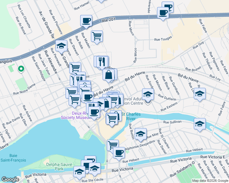 map of restaurants, bars, coffee shops, grocery stores, and more near 32 Rue Maden in Salaberry-de-Valleyfield