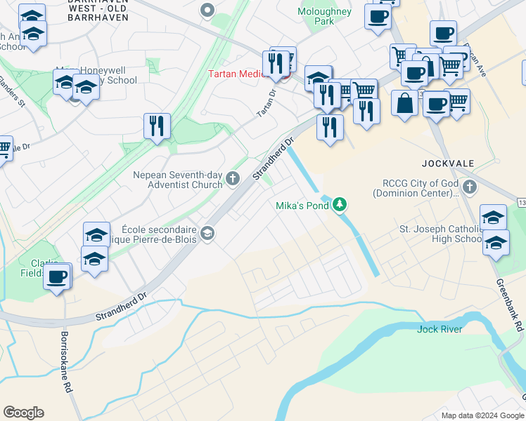 map of restaurants, bars, coffee shops, grocery stores, and more near 2522 Waterlilly Way in Ottawa