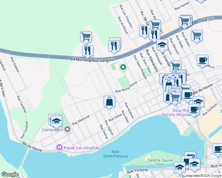 map of restaurants, bars, coffee shops, grocery stores, and more near Rue Ellen in Salaberry-de-Valleyfield