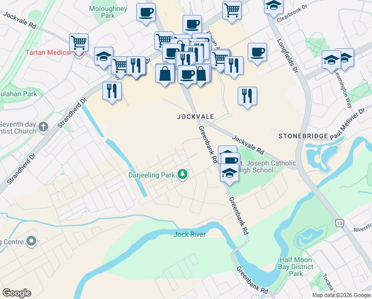 map of restaurants, bars, coffee shops, grocery stores, and more near 201 Verulam Street in Ottawa
