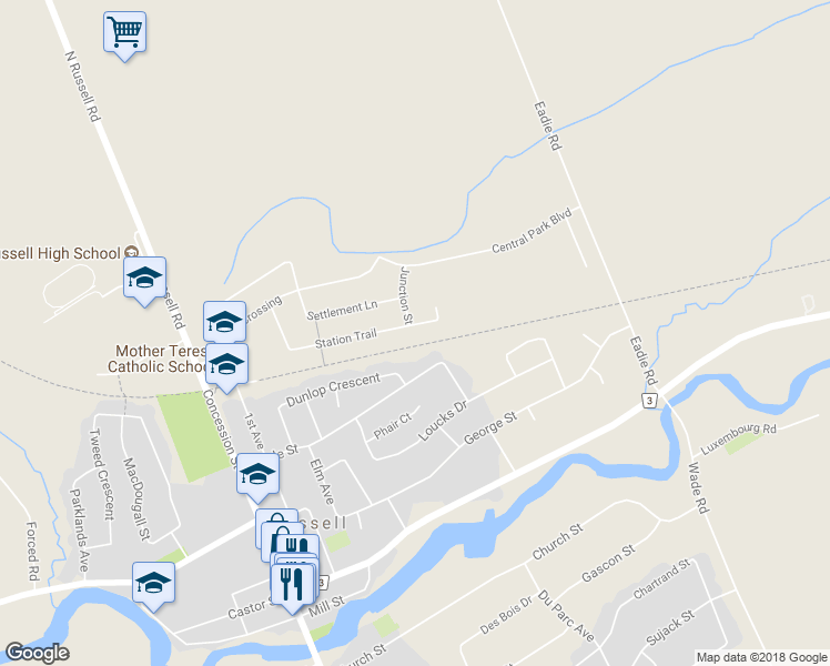 map of restaurants, bars, coffee shops, grocery stores, and more near 140 Station Trail in Russell
