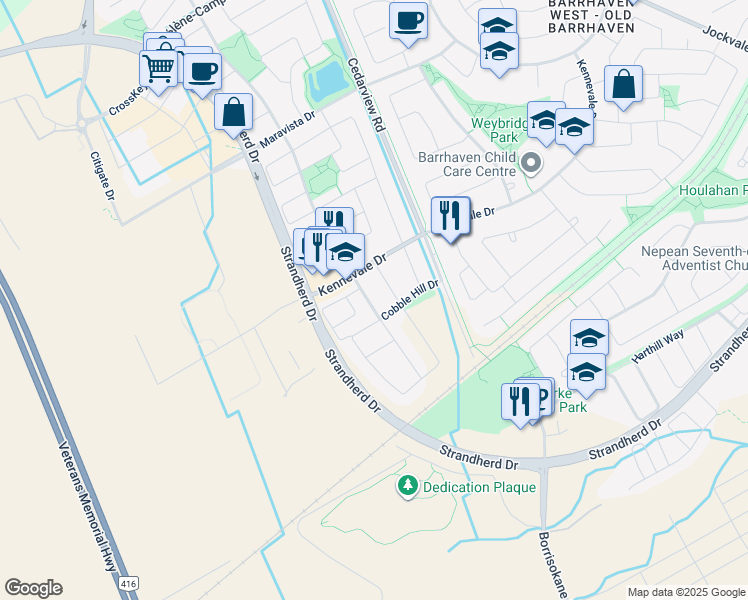 map of restaurants, bars, coffee shops, grocery stores, and more near 746 Cobble Hill Drive in Ottawa