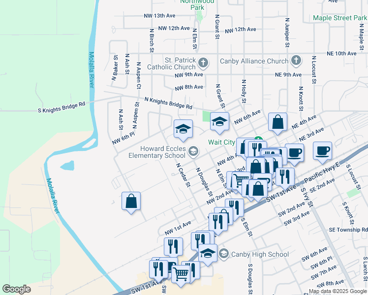 map of restaurants, bars, coffee shops, grocery stores, and more near 562 Northwest 5th Avenue in Canby