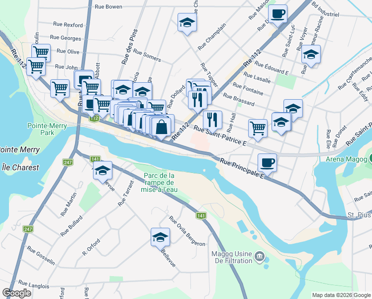 map of restaurants, bars, coffee shops, grocery stores, and more near 46 Rue Principale Est in Magog