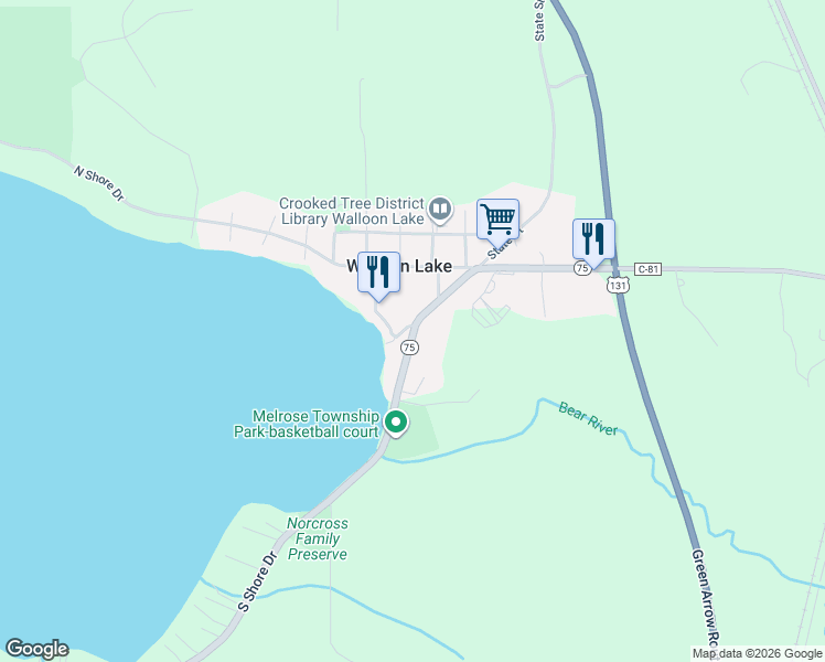 map of restaurants, bars, coffee shops, grocery stores, and more near 4060 Michigan 75 in Walloon Lake