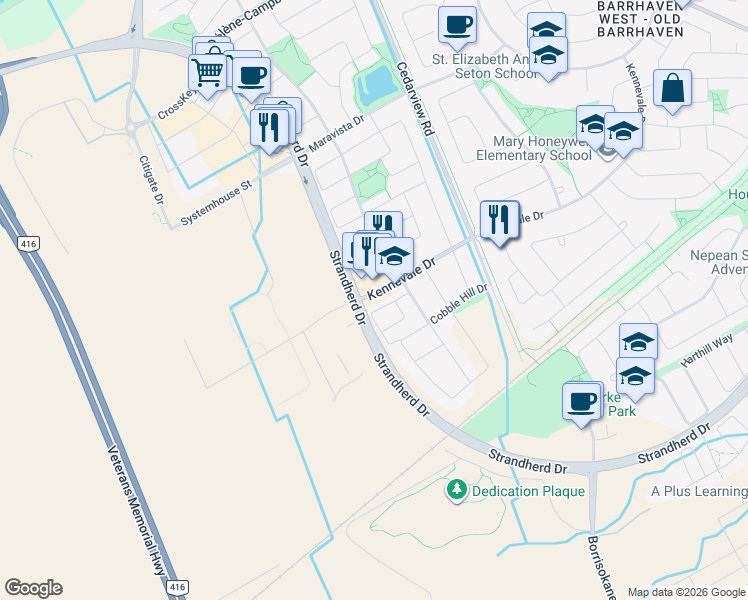 map of restaurants, bars, coffee shops, grocery stores, and more near 237 Kennevale Drive in Ottawa