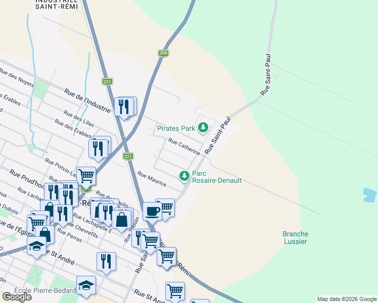 map of restaurants, bars, coffee shops, grocery stores, and more near 132 Rue Catherine in Saint-Rémi