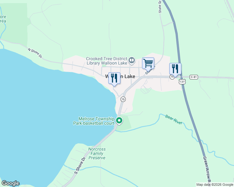 map of restaurants, bars, coffee shops, grocery stores, and more near Windsor in Walloon Lake