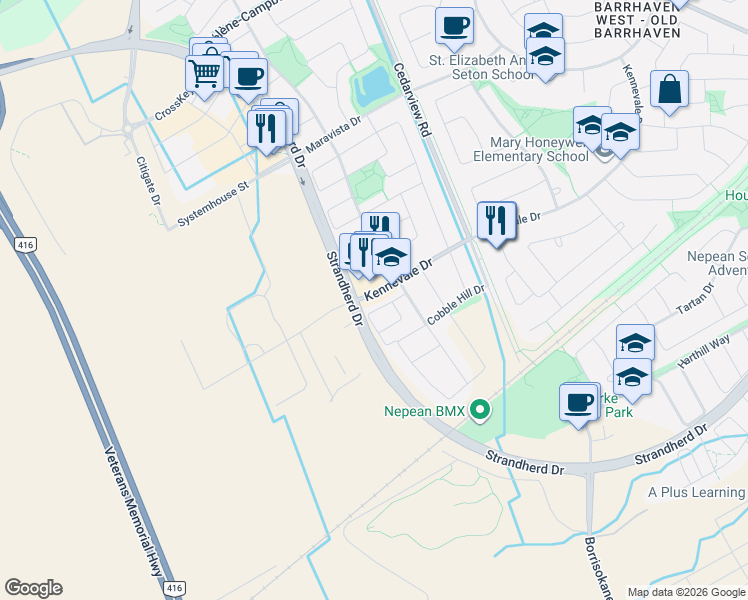 map of restaurants, bars, coffee shops, grocery stores, and more near 233 Kennevale Drive in Ottawa