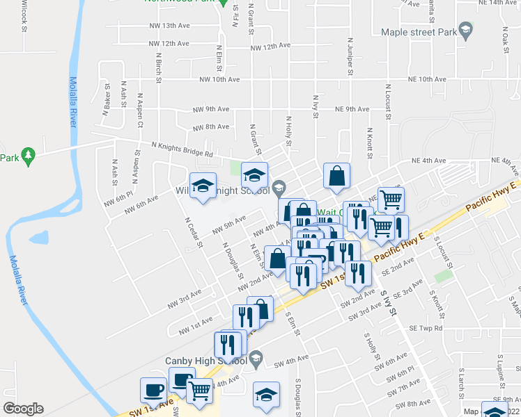 map of restaurants, bars, coffee shops, grocery stores, and more near 453 North Fir Street in Canby