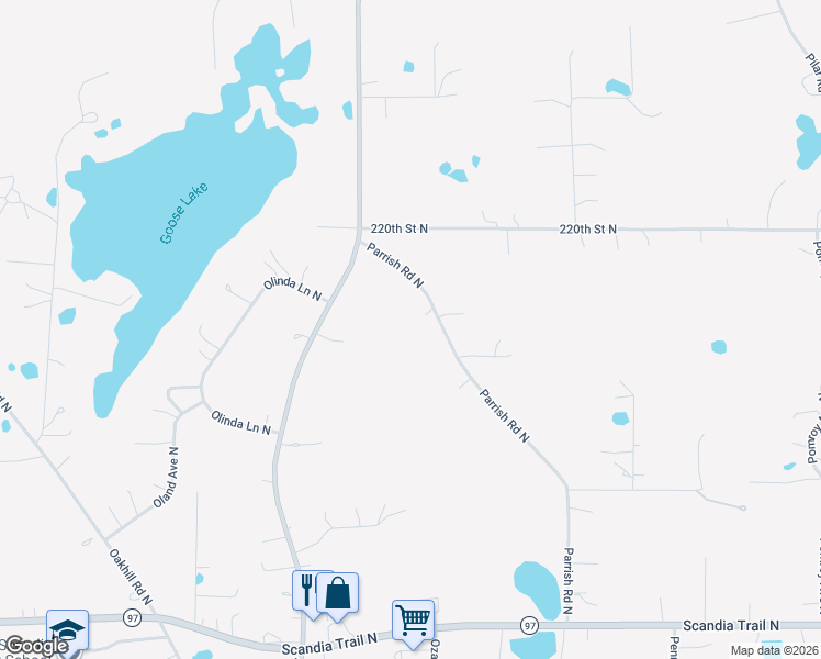 map of restaurants, bars, coffee shops, grocery stores, and more near 21800 Parrish Road North in Scandia