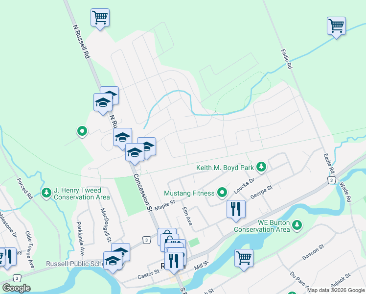 map of restaurants, bars, coffee shops, grocery stores, and more near 28 Settlement Lane in Russell