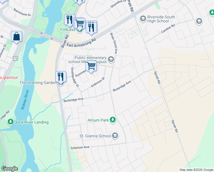map of restaurants, bars, coffee shops, grocery stores, and more near 769 Brian Good Avenue in Ottawa