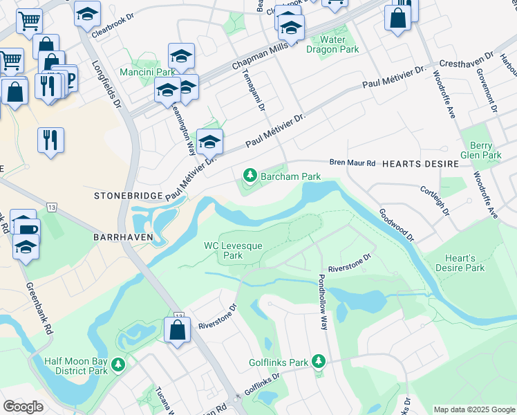 map of restaurants, bars, coffee shops, grocery stores, and more near 18 Barcham Crescent in Ottawa