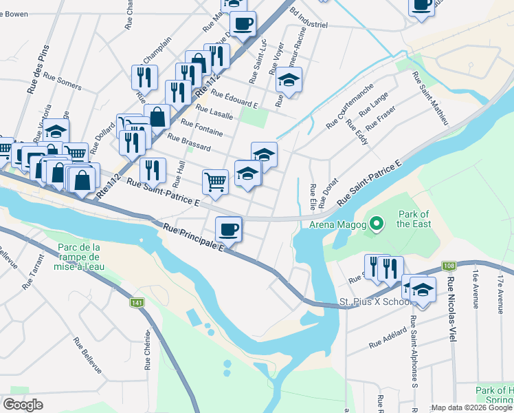 map of restaurants, bars, coffee shops, grocery stores, and more near 310 Rue des Tisserands in Magog
