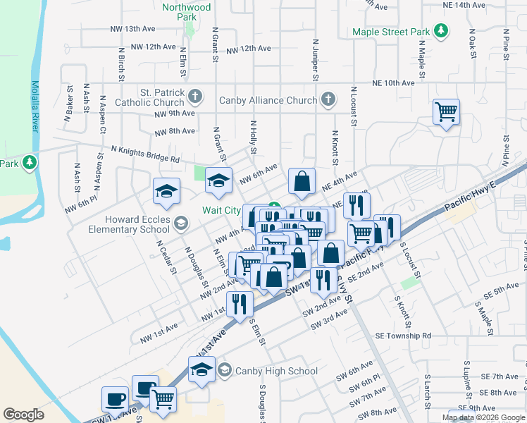 map of restaurants, bars, coffee shops, grocery stores, and more near 234 Northwest 5th Avenue in Canby