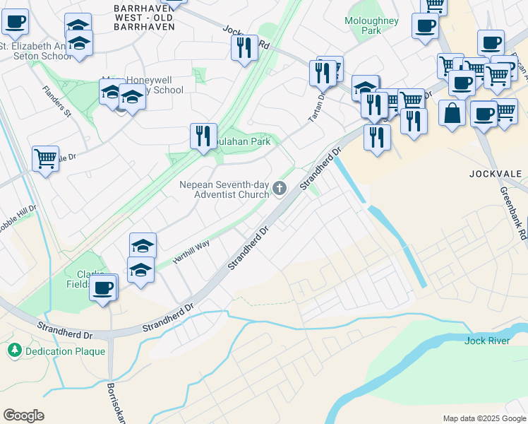 map of restaurants, bars, coffee shops, grocery stores, and more near 135 Harthill Way in Ottawa