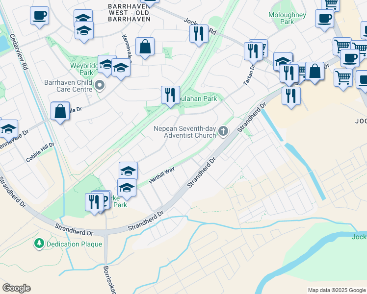map of restaurants, bars, coffee shops, grocery stores, and more near 34 Pepperrall Crescent in Ottawa