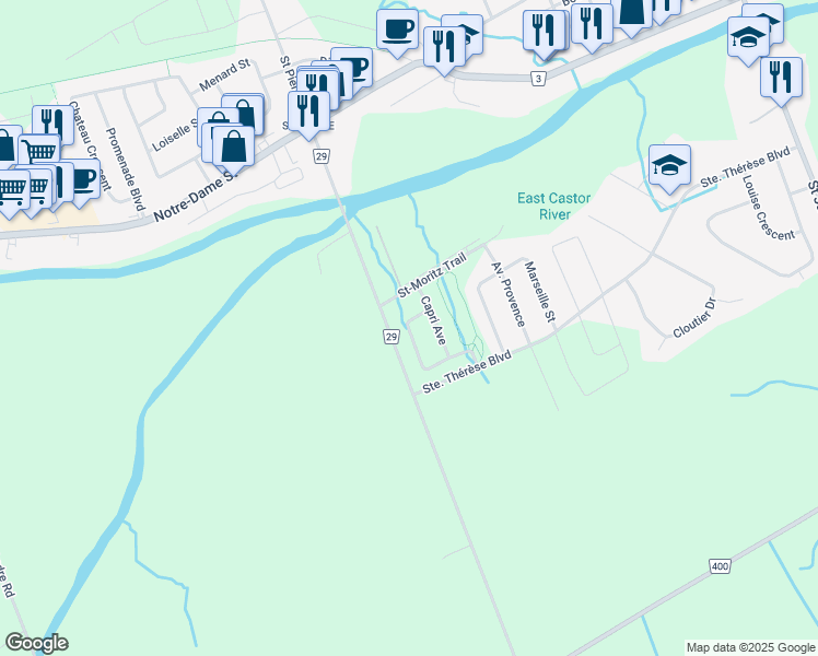 map of restaurants, bars, coffee shops, grocery stores, and more near Malo Place in Prescott and Russell United Counties